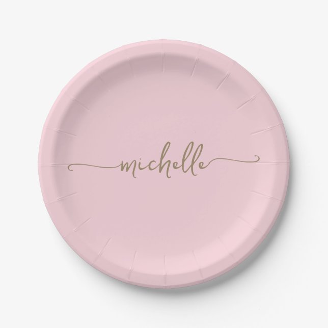 Minimale elegante Gold-Monogramm-Schrift in Blushr Pappteller (Vorderseite)