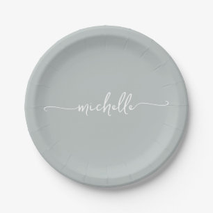 Minimale elegante hellgrüne Monogramm-Schrift Pappteller