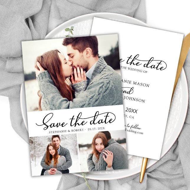 Minimale Elegante Script 3 Foto Collage Wedding Save The Date (Von Creator hochgeladen)