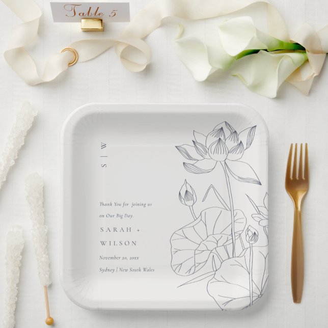 Minimale Elegante Wasserlilie Blumenkitzel Hochzei Pappteller (Hochzeit)