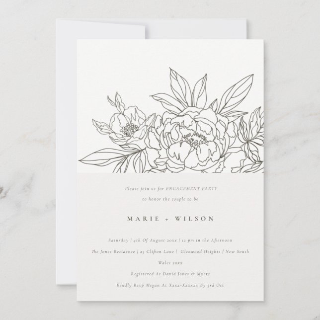 Minimale Eleganza Brawn Floral Sketch Verlobung Einladung (Vorderseite)