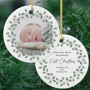 Minimale Eukalyptus-Baby-Erstweihnachts-Foto Keramik Ornament