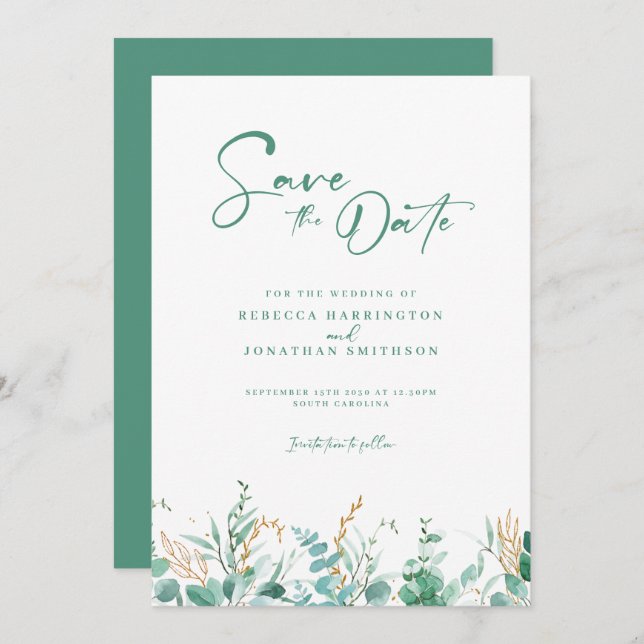 Minimale Eukalyptus Gold-Hochzeit retten das Datum Save The Date (Vorne/Hinten)