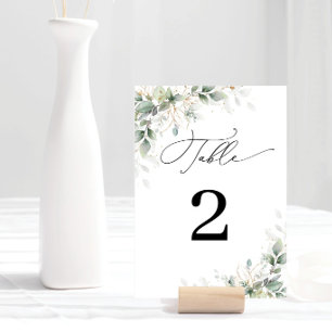 Minimale Eukalyptus-Hochzeitstisch-Nummernschilder Tischnummer