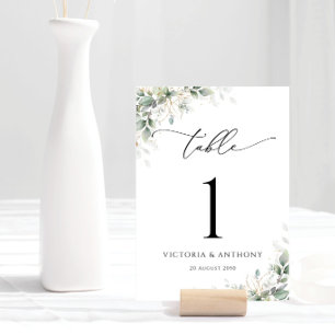 Minimale Eukalyptus-Hochzeitstisch-Nummernschilder Tischnummer