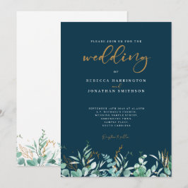 Minimale Eukalyptus Leaf Gold Navy Hochzeit Einladung