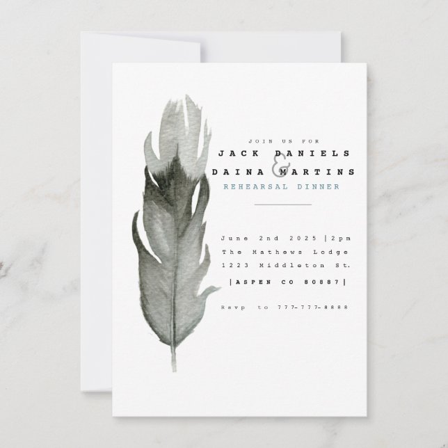 Minimale Feather Watercolor Hochzeit einladen Einladung (Vorderseite)