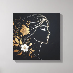 Minimale feminine Linienkunst mit goldenen Blumen Leinwanddruck