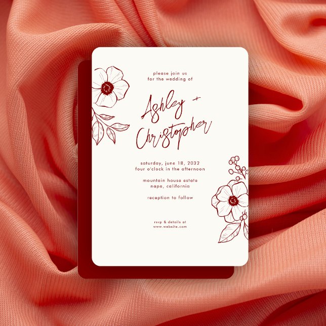 Minimale florale botanische Ruby Red Wedding Einladung (Von Creator hochgeladen)
