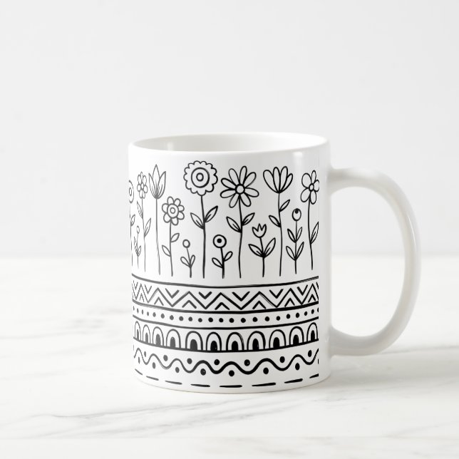 Minimale Florale Folk Pattern Tasse – Boho Linienk (Rechts)
