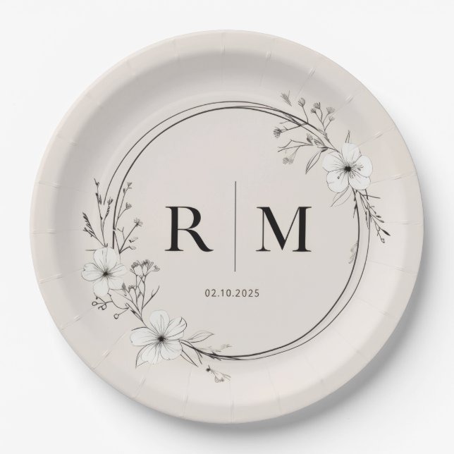 Minimale Florale Monogramm-Papierplatten Elegant Pappteller (Vorderseite)