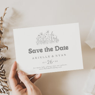 Minimale gedämpfte graue Wildblumen-Hochzeitshoriz Save The Date