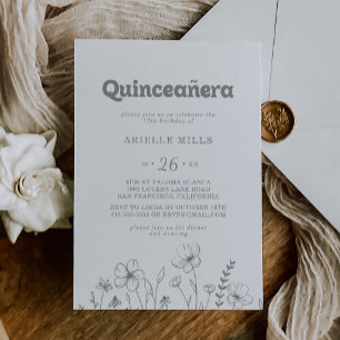 Minimale gedämpfte graue Wildblumen-Quinceañera Einladung