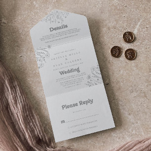 Minimale gedämpfte graue Wildblumenhochzeit All In One Einladung