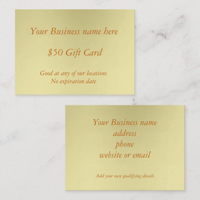 Minimale Golden Business 50 Dollar Geschenkkarte Rabattkarte (Vorne/Hinten)