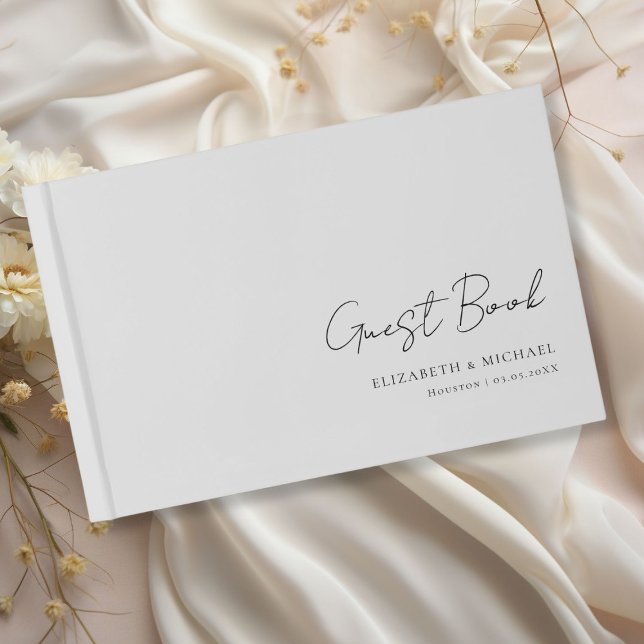 Minimale, graue Schreibschrift Gästebuch (Minimal, Gray Handwriting Script Wedding Guest Book with your name and date.)
