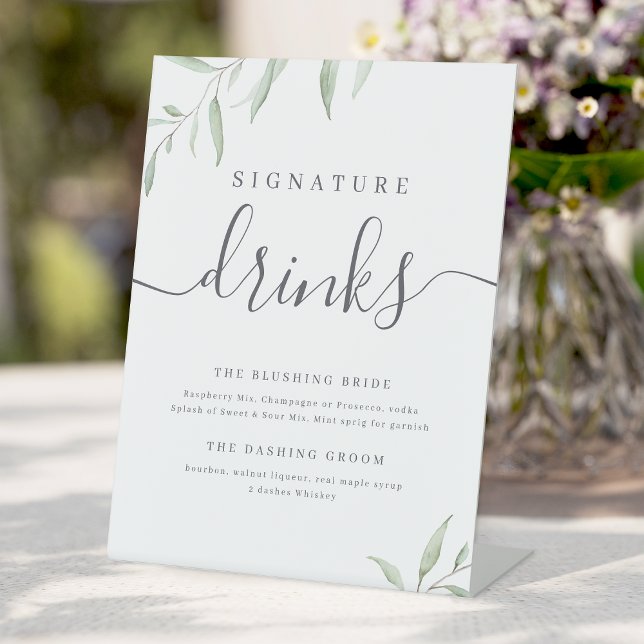 Minimale Grünflächen rustikale Hochzeitssignatur G Sockelschild (Minimal greenery rustic Wedding Signature Drinks Pedestal Sign)