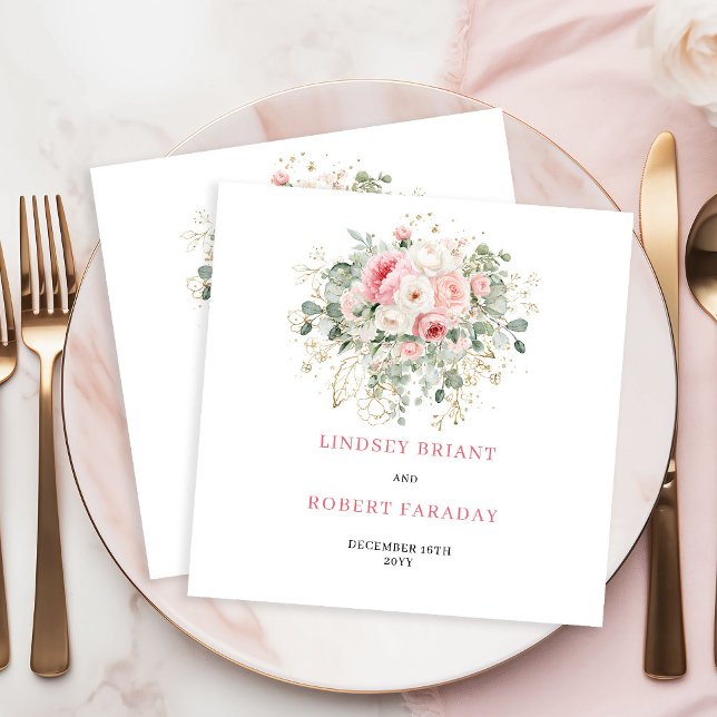 Minimale Hauch von Rosa Florale Grün Gold Hochzeit Serviette (Minimal Blush Floral Greenery Gold Wedding Napkins)