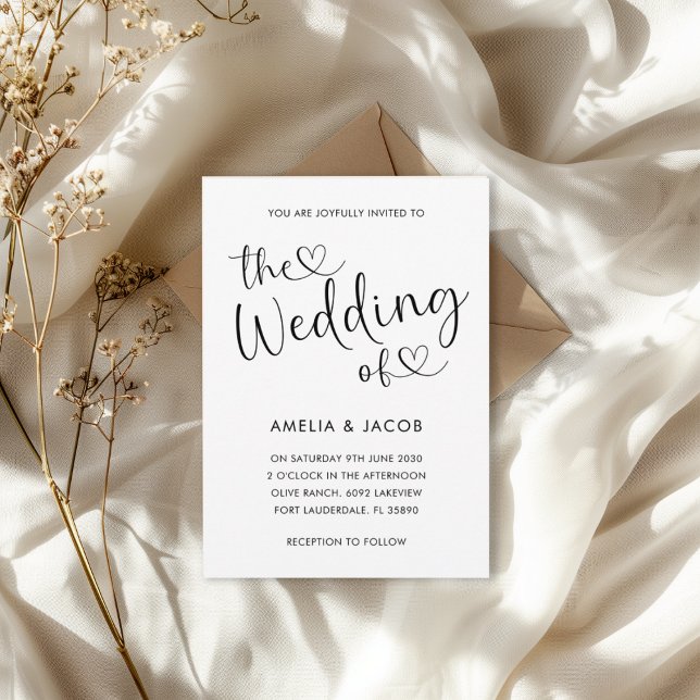 Minimale Herz Schwarz-Weiß-Kalligrafie Hochzeit Einladung (Von Creator hochgeladen)