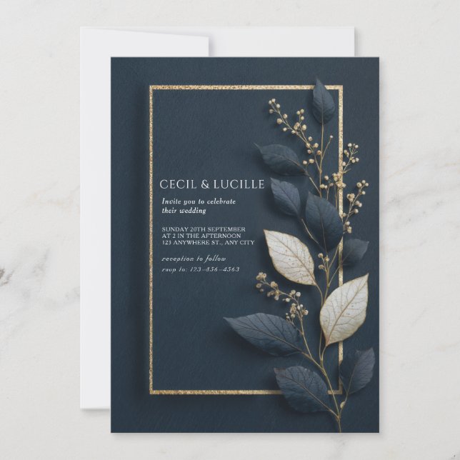 Minimale Hochzeit der Marine und des Gold Leaf Einladung (Vorderseite)