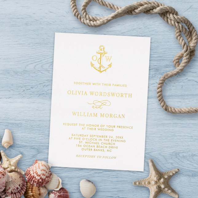 Minimale Hochzeit des Nautical Anchor Monogram Folieneinladung (Von Creator hochgeladen)