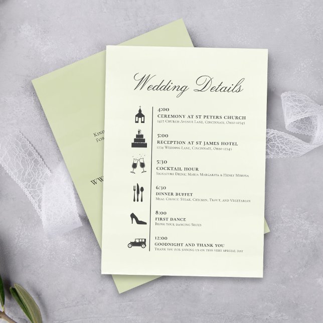 Minimale Hochzeits-Timeline QR-Code Details Grün Begleitkarte (Elegant wedding timeline with QR code for easy guest access to details and RSVP.)