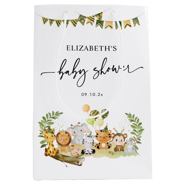 Minimale Jungle Party Tiere Kinderdusche Mittlere Geschenktüte (Vorderseite)