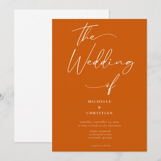 Minimale Kalligrafie Script Burnt Orange Wedding Einladung (Vorne/Hinten)