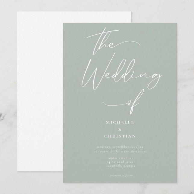 Minimale Kalligraphie, Solid Light Sage Wedding Einladung (Vorne/Hinten)