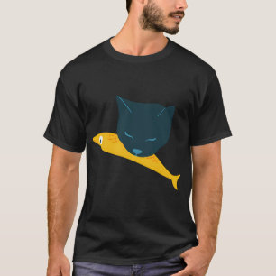 Minimale Katze & Fisch – Blaue und gelbe Haustier- T-Shirt
