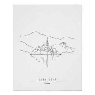Minimale Lake Bled-Linienkunst Slowenischer See Poster