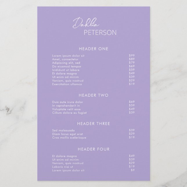 Minimale Lavendel-Moderne Geschäftspreisliste Flyer (Vorne)