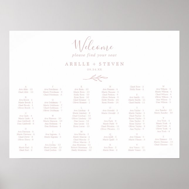 Minimale Leaf Blush Pink Alphabetical Seating Char Poster (Vorne)