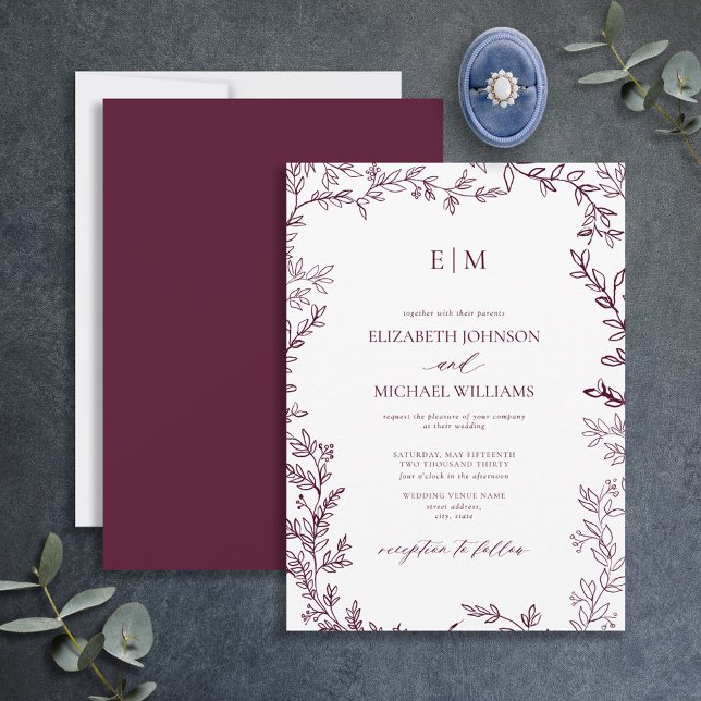 Minimale Leaf Burgundy Elegant Monogram Wedding Einladung (Von Creator hochgeladen)