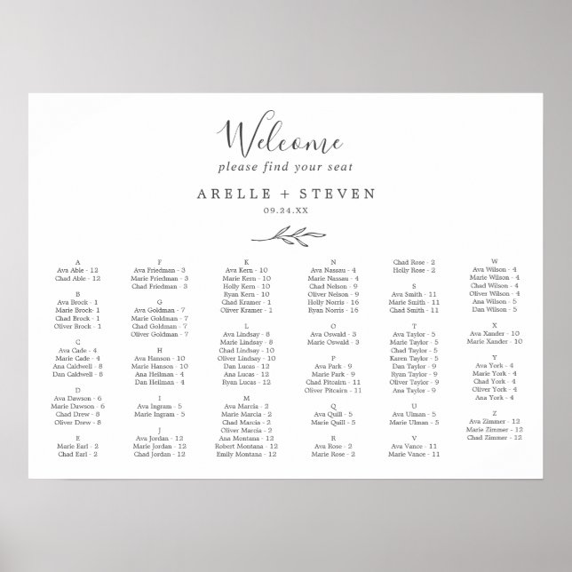 Minimale Leaf Dunkelgrau-Alphabetische Sitzkarte Poster (Vorne)
