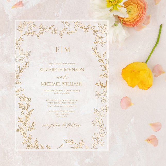 Minimale Leaf Gold Elegante Monogram Wedding Acryleinladungen (Von Creator hochgeladen)