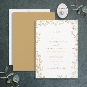 Minimale Leaf Gold Elegante Monogram Wedding Einladung