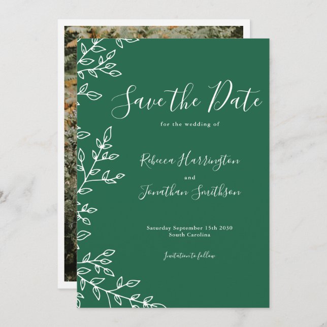 Minimale Leaf grüne Hochzeit speichern das Datum Einladung (Vorne/Hinten)