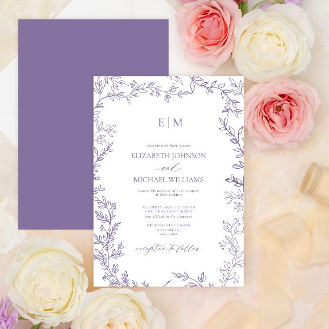 Minimale Leaf Lavender Elegant Monogram Wedding Einladung (Von Creator hochgeladen)