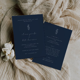 Minimale Leaf Navy Blue Front & Back Wedding Einladung
