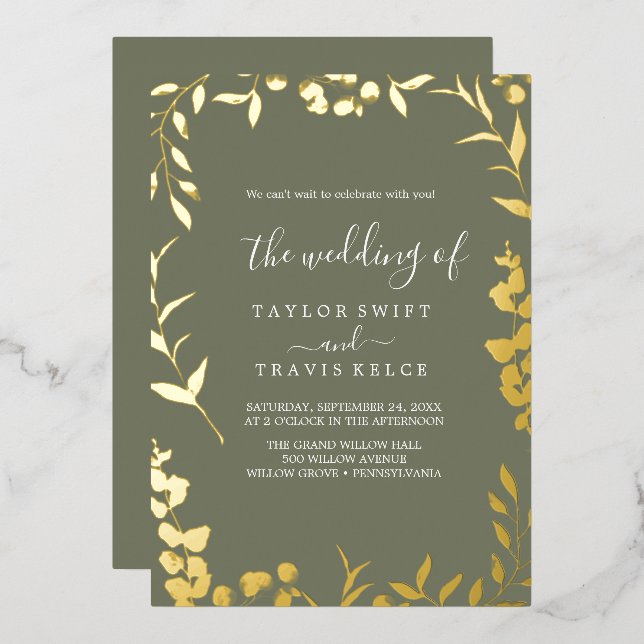 Minimale Leaf Pflaume Lila und Gold Foil Wedding Folieneinladung (Vorderseite/Rückseite)