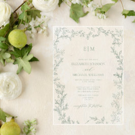 Minimale Leaf Sage Green Elegant Monogram Wedding Acryleinladungen