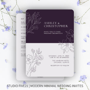 Minimale Lila Foliage Kontur All-in-One Hochzeit Einladung