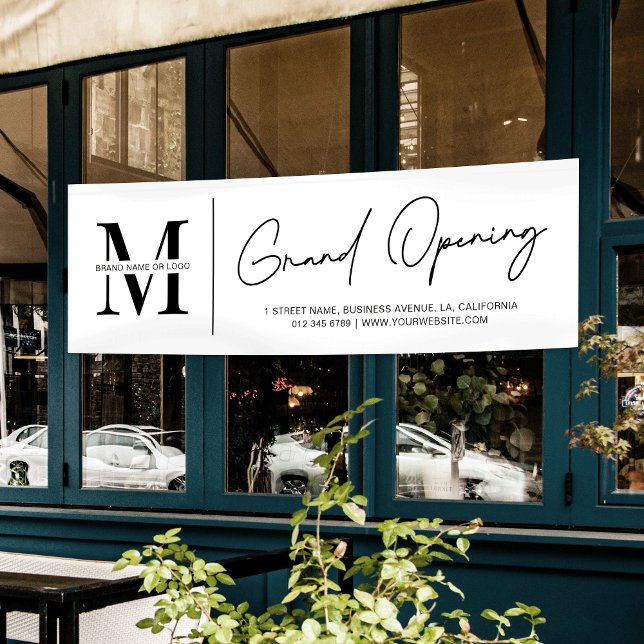 Minimale Logo-Boutique Schönheitssalon Grand Openi Banner (Minimalist business grand opening outdoor banner in black & white with space for your details)