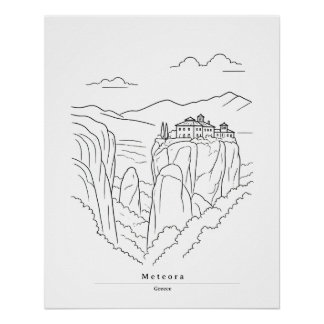 Minimale Meteora Griechenland Linienkunst | Kloste Poster