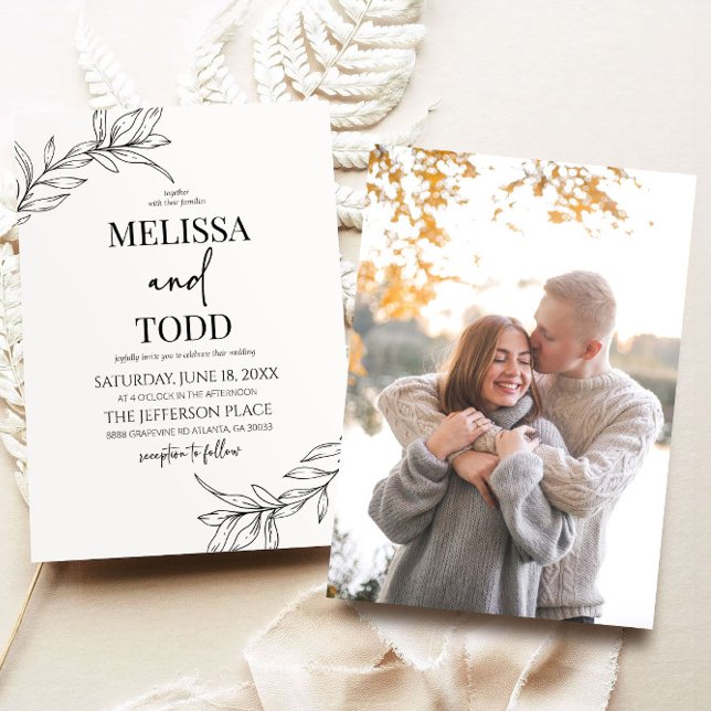 Minimale Minimalistische Schwarz-weiße Branch Leaf Einladung (Von Creator hochgeladen)