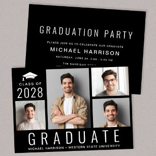 Minimale moderne 4-Foto-Black Graduation Party Einladung