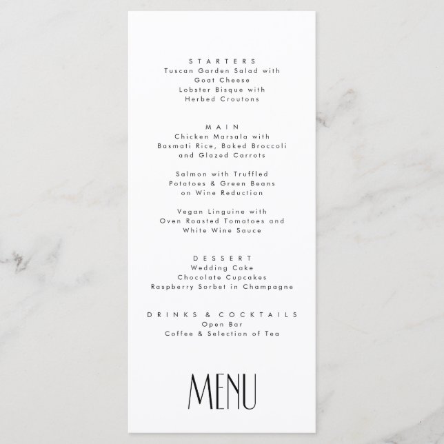 Minimale moderne Art Deco Typografie Hochzeit Menükarte (Vorderseite)