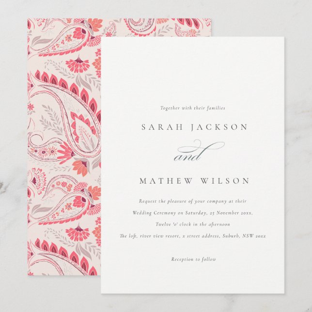 Minimale moderne Blush Paisley Typografie Hochzeit Einladung (Vorne/Hinten)