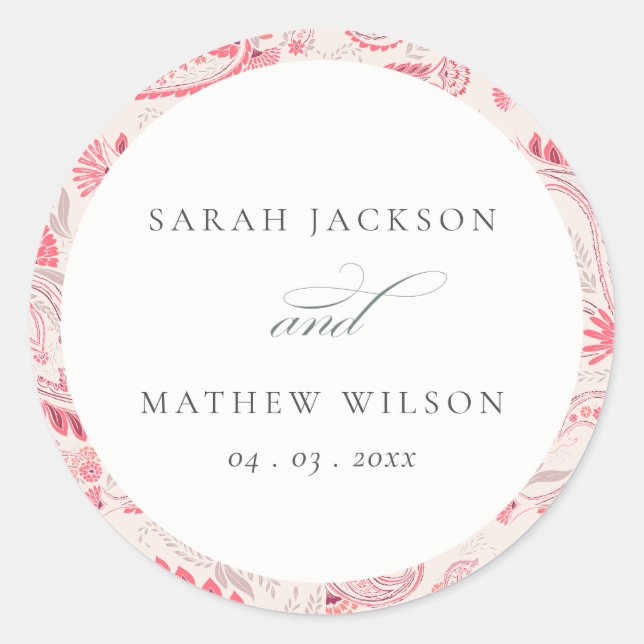 Minimale moderne Blush Paisley Typografie Hochzeit Runder Aufkleber (Vorderseite)